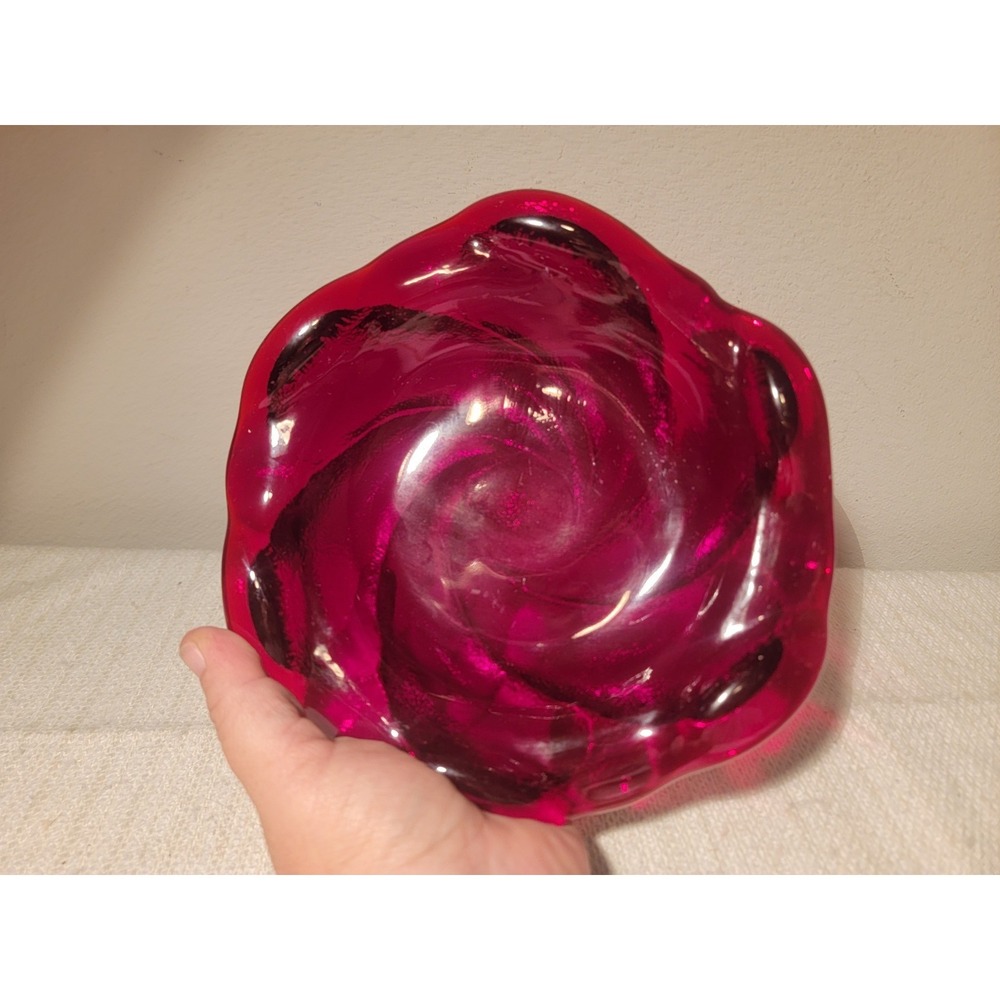 Fenton Ruby Red‎ Swirl Dish Candy Trinket Ashtray Art Glass Heavy! 8" Vintage